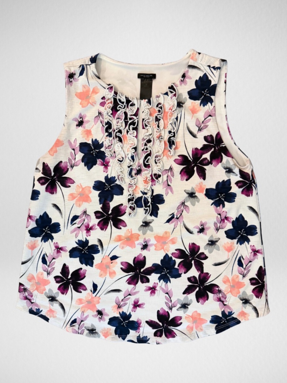 Floral Ruffle Neck Ann Taylor Sleeveless Blouse